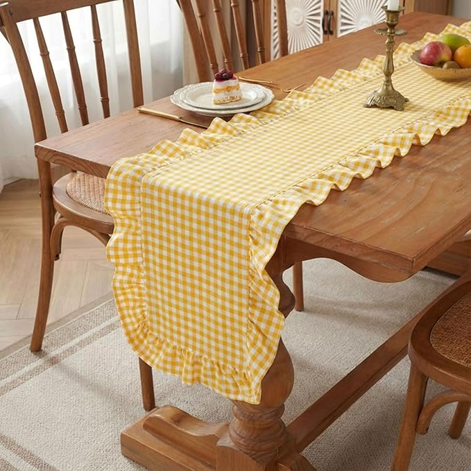 HunnmingRe 1 Pcs Yellow Plaid Gingham Ruffle Table Runner 72 x 13.8'' Farmhouse Easter Table Runner 100% Cotton Scalloped Long Dresser Scarves for Dining Room, Wedding, Kitchen Rustic Home Decor