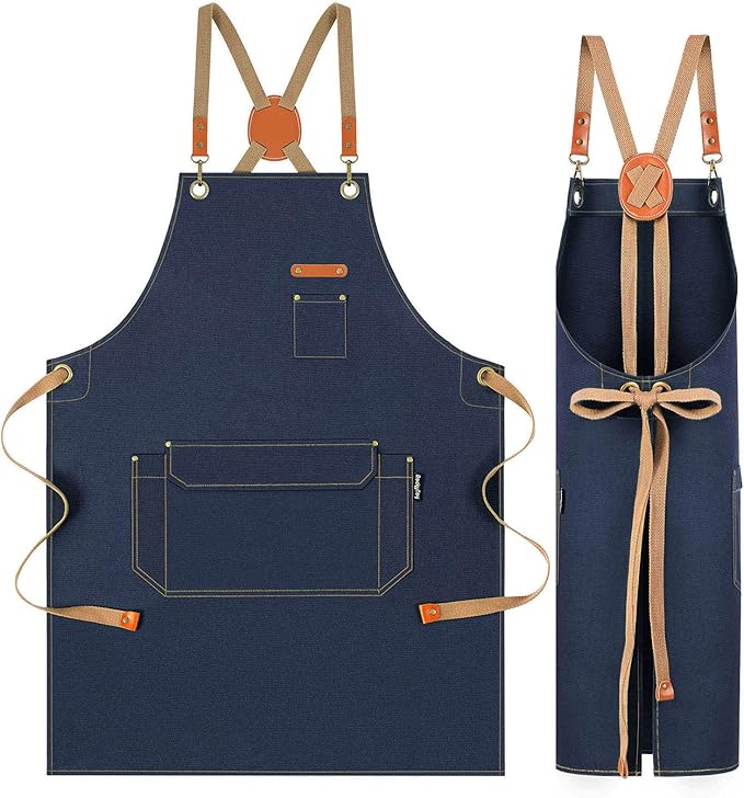 Chef Apron with Cross Back Straps for Men Women, Cotton Canvas Apron for Artists Painting, Kitchen Cooking