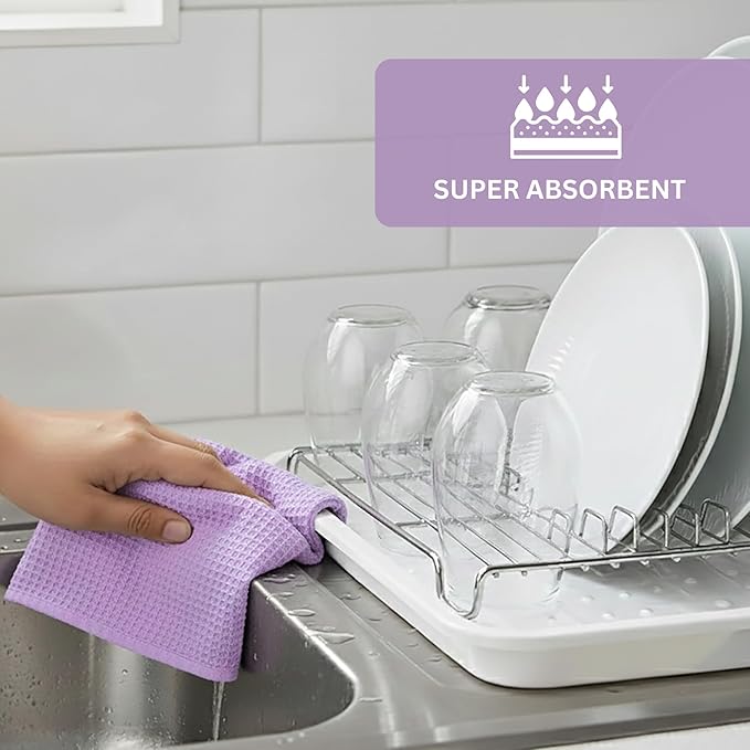 PurpleEssences Waffle Weave Kitchen Towel, 100% Cotton - 15x25 Inches with Hanging Loop, Ultra Soft Absorbent Quick Drying Dish Cloth, Tea and Hand Towels, 6 Pack - Spring Easter Summer - Lavender