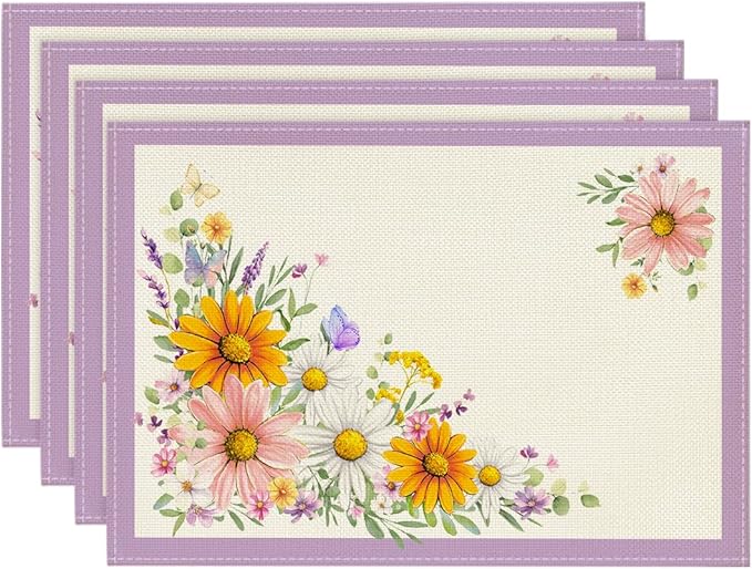 Artoid Mode Purple Sunflowers Butterfly Spring Placemats Set of 4, 12x18 Inch Seasonal Summer Holiday Table Mats for Party Kitchen Dining Decoration