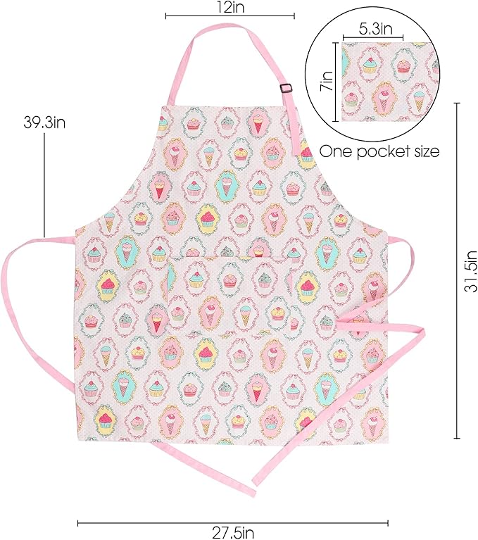 Cute Apron with 2 Pockets for Women, Adjustable Neck Strap and Long Waist Ties Cotton Cooking Baking Aprons, Use as a Kitchen and Chef Apron, Artist or Garden Aprons (Cupcake)