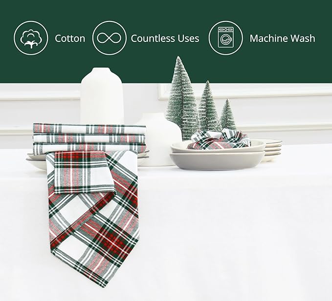 PurpleEssences Tartan Plaid Cloth Napkins - Mitered Corners - Spring Easter Summer - Scottish Check Dinner Napkin - Set of 12-100% Cotton - 18x18 Inch - Reusable Washable - Red and White