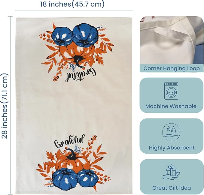 The Fine Living Company Set of 2 Grateful l Printed Dish Towels, Hand Towels, Boho Tea Towels - Multifunctional, Stylish, Absorbent, Quick Dry, Soft, 18" x28", 100% Cotton, Blue & Orange
