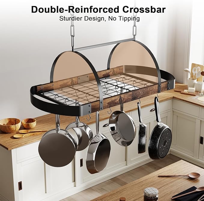 Hanging Pot Rack,32-Inch Ceiling Pot Rack for Kitchen,Space-Saving Pot Hanger with 16 Detachable S Hooks,Sturdy Metal Frame,Industrial Style,for Pot, Pan Storage,Space-Saving