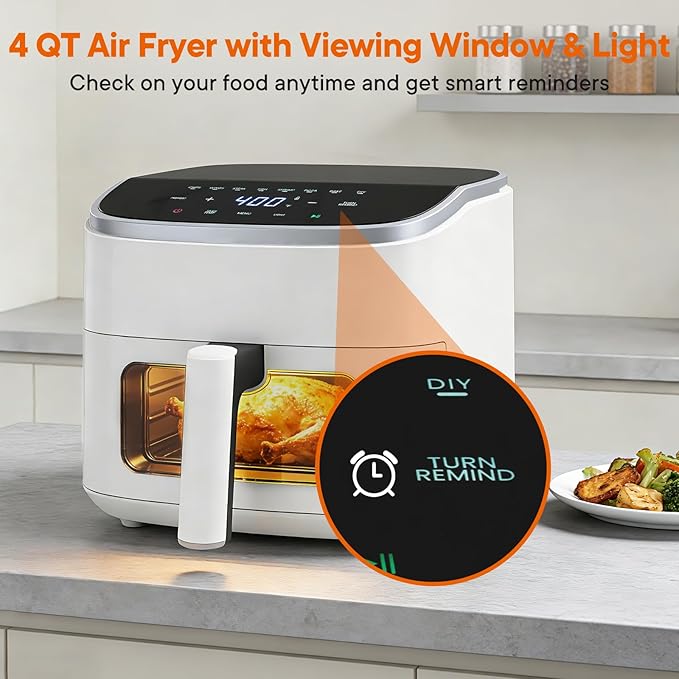 OLIXIS 4QT Air Fryer with Visible Window, 1500W Digital Touchscreen Air Fryer with 8 Presets, Auto Shut Off & Nonstick Dishwasher Safe Basket, 60-Min Timer, Max 400°F, White