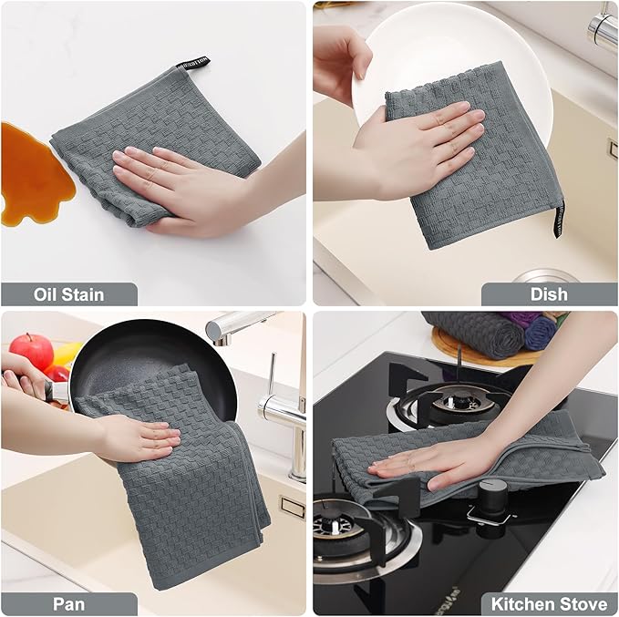 Homaxy 100% Cotton Kitchen Towels and Dishcloths Set, 12 x 12 & 15 x 25 Inches, Set of 8 Bulk Terry Cloth Dish Towels, Super Soft and Absorbent Hand Towel with Hanging Loop, Dark Grey