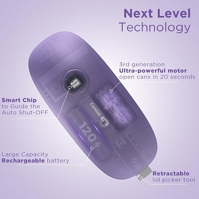 Canslab Ultrablade PRO Auto Stop Can Opener - Rechargeable Electric Can Opener for Kitchen for Seniors with Arthritis - One Touch Side Cut Opener, Smooth Edge, Lilac