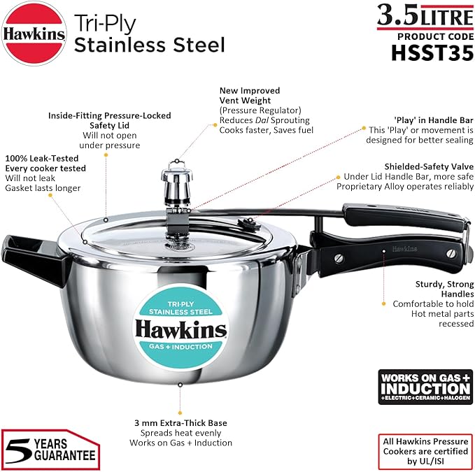 Hawkins 3.5 Litre Triply Stainless Steel Pressure Cooker, Inner Lid Cooker, Silver (HSST35)