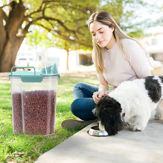 LEAWALK 5-7Lbs Dog Cat Food Storage Container with Upgraded Large Nozzle BPA-free, 4 Snap Seals Plastic Pet Food Storage Containers with Handles (Elegant Blue, 5L-2pack)