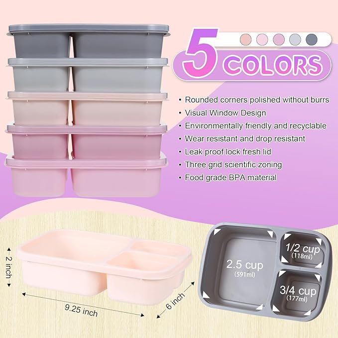Honeydak 5 Pack Snack Containers 3 Compartment Bento Snack Boxes Divided Meal Prep Containers with Lids Reusable Adults Lunch Food Storage Box for School Work Travel(Creamy Pink Gray)