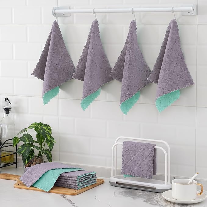 Mordimy 12 Pack Kitchen Cloths Dish Towels (10" x 10", Grey & Green), Super Soft and Absorbent Dish Cloths, Coral Velvet Microfiber Cleaning Cloth, Nonstick Oil Fast Dry Dishcloths