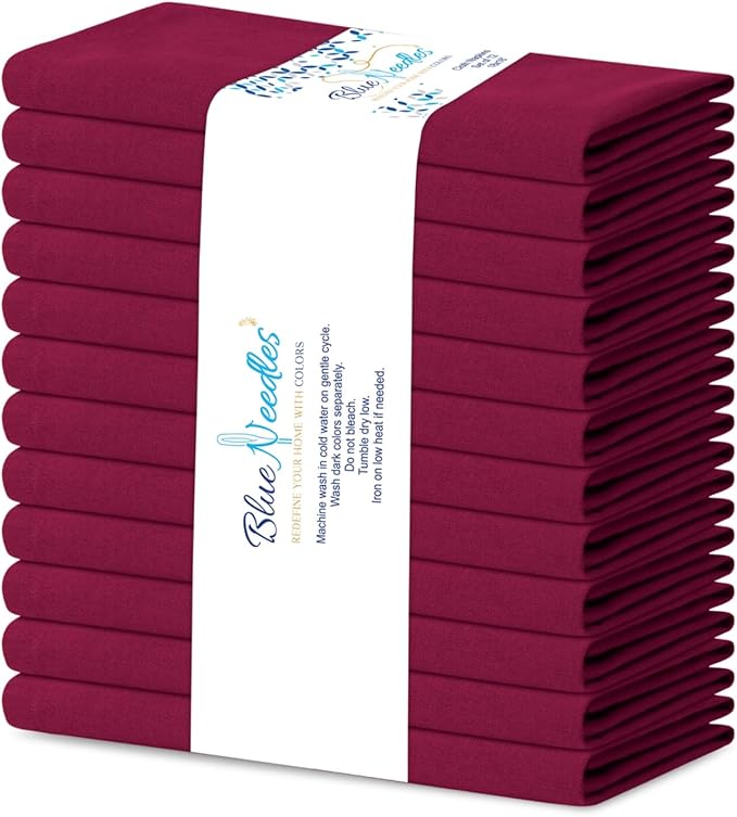 Blue Needles Solid Cloth Napkins Set of 12 Burgundy 100% Cotton Dinner Napkins 18x18 inches - Soft, Reusable, Absorbent & Washable Linen, Ideal for Spring Summer Easter Events Parties & Everyday Use