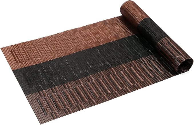 SHACOS Table Runners Woven Vinyl PVC Table Runner 12 x 36 inch Wipe Clean Bamboo Weave Countertop Table Decor Mats Indoor Outdoor, Ombre Coffee Black
