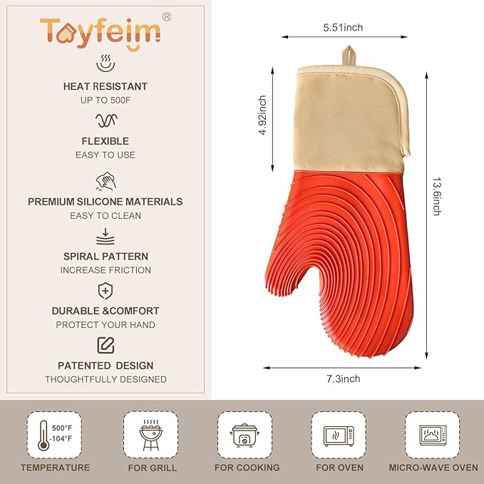 Silicone Oven Mitts-13.6 in Extended Oven Mitts Heat Resistant 500F, Oven Gloves with Soft Liner Good Grippy BPA-Free Easy to Clean Flexible-Oven Mits Set for Cooking Baking Grilling BBQ