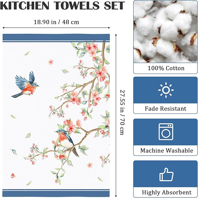 Watercolor Bird Flowers Tea Towels, Cotton Kitchen Towel 18.9 × 27.5 inch, Quick Drying Dish Cloth for Party Anniversary Holiday Decoration, Housewarming Gifts for Mom