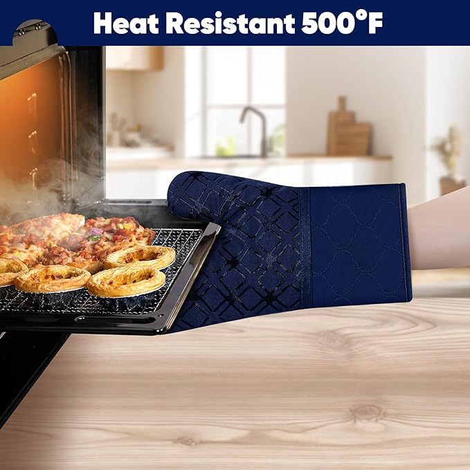 Oven Mitts and Pot Holders Set with Dishcloths, 500 Degree Heat Resistant Oven Gloves and Hot Pads, Premium Soft Cotton Kitchen Mittens and Dish Cloth Sets-Marine Blue