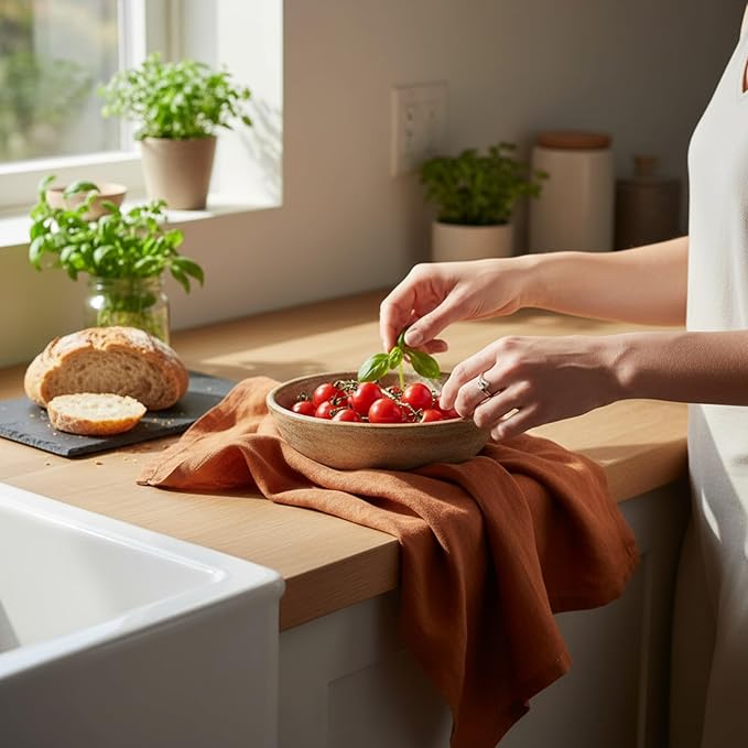 Linen Kitchen Dish Towels – 20” x 27” – 100% Pure Stonewashed Linen Hemstitch Hand Towel/Tea Towel - Set of 2 (Rustic Orange)