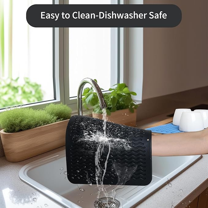 ZLR 2 Pcs Silicone Dish Drying Mat 12" x 12" Square - Small Heat Resistant Trivet & Countertop Protector for Air Fryer, Coffee Maker - Waterproof Kitchen Drain Pad for Cups, Fruit (Black)