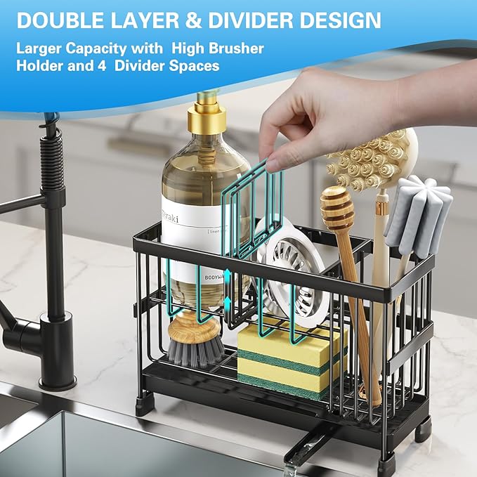 Sponge Holder for Kitchen Sink, 2-Tier Sink Caddy Organizer with High Brush Holder, Dish Soap and Scrubber Holder- Kitchen Counter Decro -RV Essentials -House Warming Gift