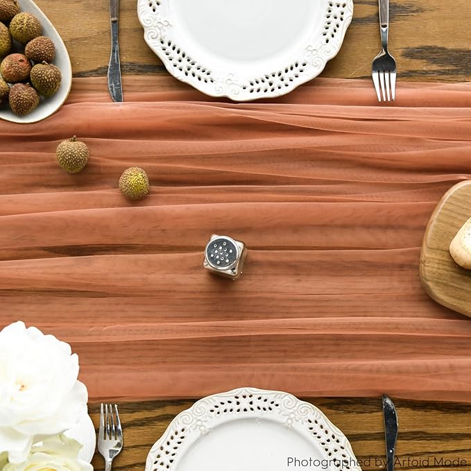 Artoid Mode 3PCS Terracotta Gauze Table Runner 120 Inch 10FT, Seasonal Sheer Kitchen Dining Holiday Wedding Birthday Baby Shower Table Decor for Home Party