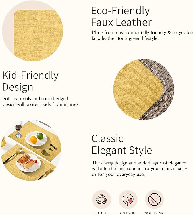 Maxpearl Faux Leather Placemats Set of 6 - Waterproof - Wipe Clean - Heat Resistant - Anti Slip Dining Table Place Mats, Suitable for Indoor & Outdoor Use, 17’’×12’’, Yellow