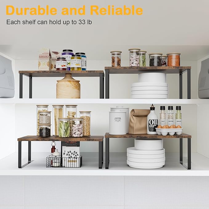 OGEMXU Cabinet Shelf Organizers, 15.7 inches Large Kitchen Counter Shelf, Set of 2 Wood Kitchen Pantry Organizer, Storage Shelves for Countertop, Spice Rack, Stackable, Expandable, Metal Black, Brown