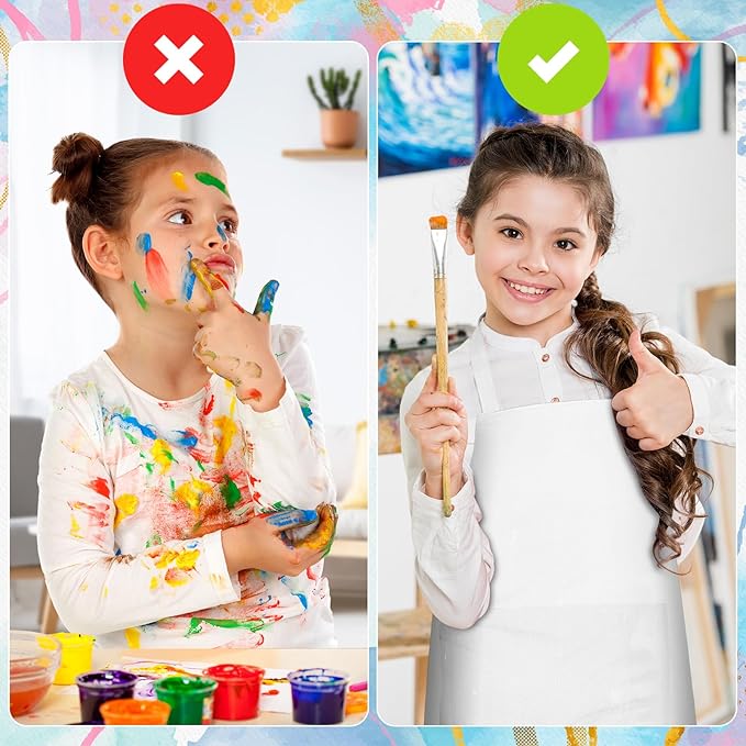 PLULON 8 Pcs Kids Aprons with 2 Pockets Painting Aprons for Kids Aprons Bulk, Paint Apron Adjustable Children Chef Aprons for Girls Boys Painting Baking Cooking Crafting - White
