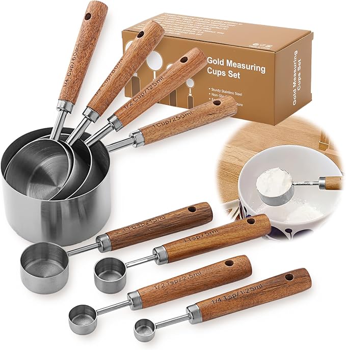 Measuring Cups and Spoons Set,Premium Stainless Steel Measuring Cups and Spoons Set with Wood Handle, 8-Pieces Kitchen Essentials for Baking, Coffee with Ergonomic Grip & Engraved Markings(Silver8)