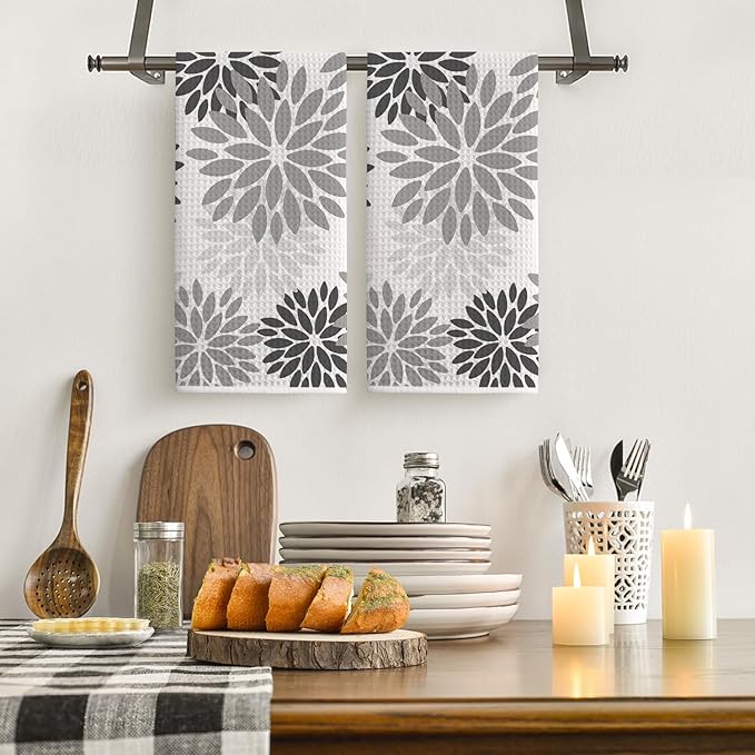 Artoid Mode Grey Dahlia Floral Kitchen Towels Dish Towels, 18x26 Inch Quick Dry Microfiber Cloth Hand Towels for Kitchen Drying Set of 2