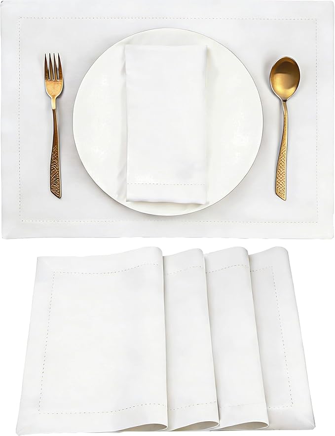 Simple&Opulence Linen Placemats Set of 4 – Hemstitched Dinner Cloth Placemats for Wedding,Party,Mothers Day,Easter – Machine Washable and Reusable 14"×19" White
