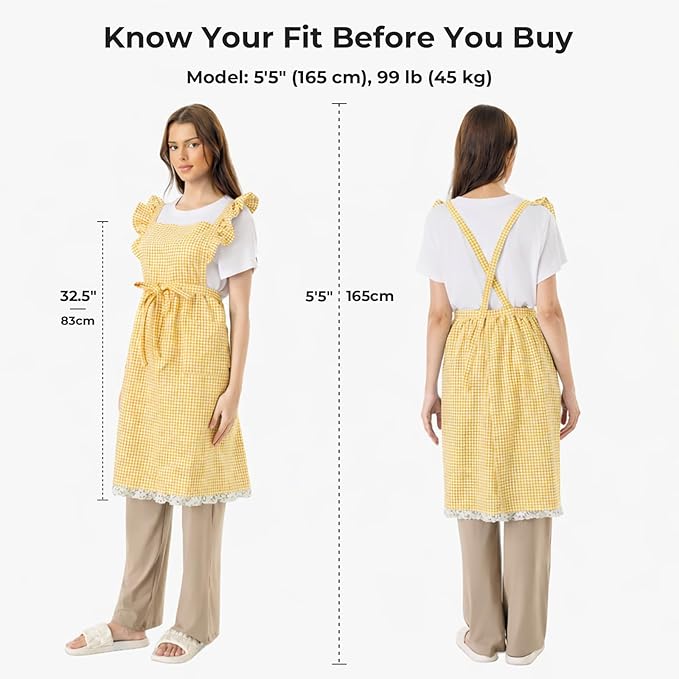 Vintage Gingham Apron for Women, Ruffle Straps, 2 Pockets, Soft Cotton, Apron Dress Style for Cooking & Baking