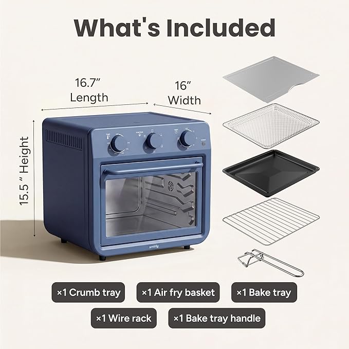 SMIRLY 6-in-1 Air Fryer Toaster Oven Combo, 27QT Convection Oven Countertop, 60 Min Timer, 1800W Oven for Toast, Roast, Bake, Reheat, Broil, Warm, Fits up to a 5 lb Turkey, 12" Pizza, 8 Toast, Blue