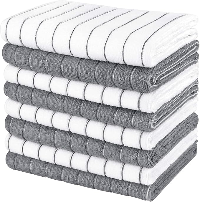 AIDEA Microfiber Kitchen Towels-8PK, Super Soft and Absorbent Dish Towels, Multi-Purpose Microfiber Kitchen Towels for Home, White/Grey, 15”x25”