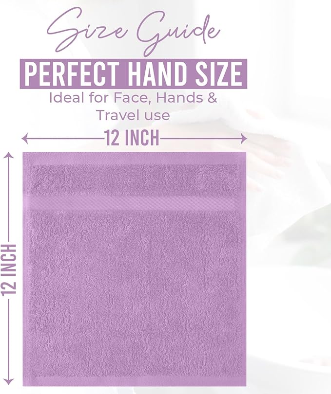 DAN RIVER 12-Pack Premium 100% Cotton Lavendar Face Towels for Bathroom - Reusable Face Wash Cloths for Showering 12x12 Inches - 550 GSM Super Soft & Absorbent Luxury WashCloths for Body, Spa & Gym