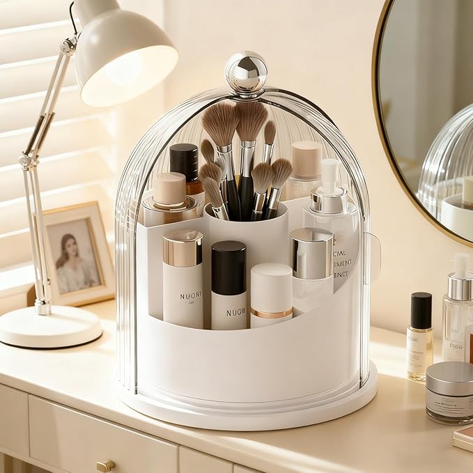 ONXE Makeup Brush Holder Organizer with Lid,360° Rotating Makeup Organizer Countertop,5 Compartments Make Up Brush Organizers for Makeup Brushes,Cosmetics,Skincare,Nail Polish,Toothbrush,Dustproof