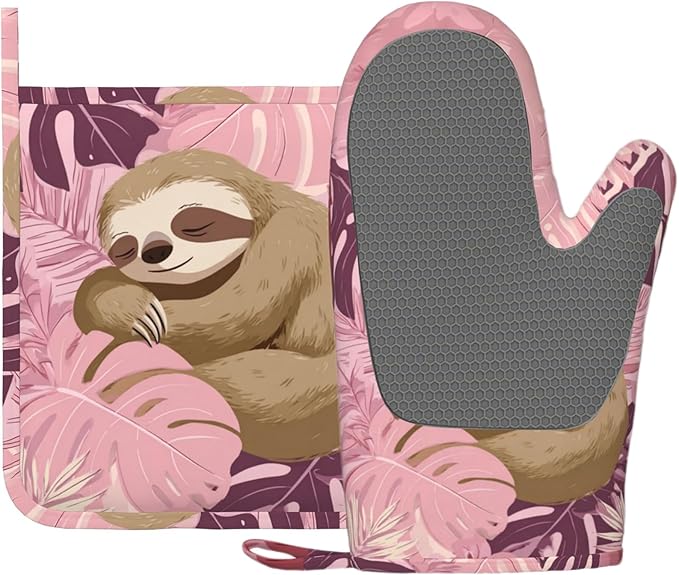 Pink Sloth Heat-Resistant Oven Mitts and Pot Holder Cute Animal Kitchen Non-Slip Silicone Cooking Microwave Gloves for Cooking Baking Grilling