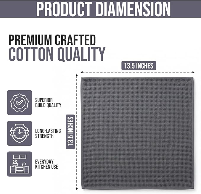 100% Cotton Waffle Weave Kitchen Dish Cloths 6-Pack– Ultra Absorbent & Quick Dry Cleaning Towels for Dishes, Counters & Kitchen Use – Soft, Durable & Lint-Free13.50 X 13.50 inches (Gray)