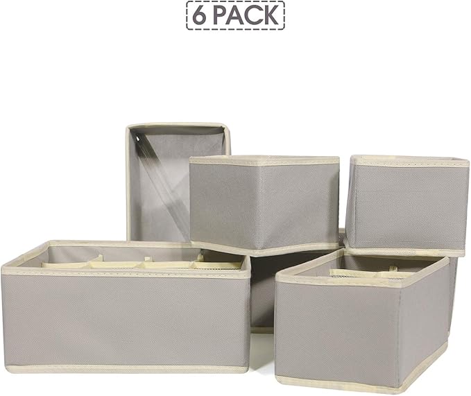 TENABORT 6 Pack Foldable Drawer Organizer Dividers Cloth Storage Box Closet Dresser Organizer Cube Fabric Containers Basket Bins for Underwear Bras Socks Panties Lingeries Nursery Baby Clothes Gray