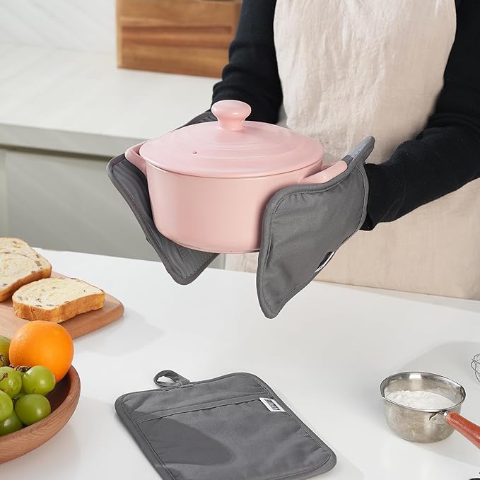 Silicone Pot Holders for Kitchen, Set of 3, Heat Resistant to 500°F, Non-Slip Wave Texture with Pocket & Hanging Loop, 7" x 9" Hot Pads for Cooking, Baking & Counter Protection (Grey)