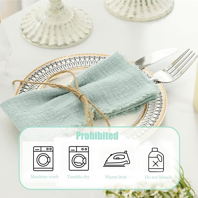 Cotton Blend Fringe Cloth Napkins - Crinkle Gauze Dinner Napkins, Reusable & Washable Table Napkins, 17" x 17" (43 x 43 cm), Multiple Colors, 12/24/48/100 Pack (12, Sage Green)