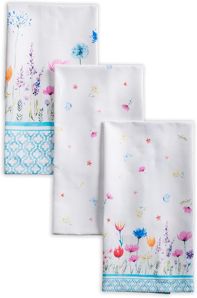 Maison d' Hermine Kitchen Towels Set of 3 100% Cotton 27.50" x 20" Reusable Cloth Tea Dish Towels Absorbent with Hanging Loop for Kitchen Gifts for Mothers Day Spring/Summer (Flower in The Field)
