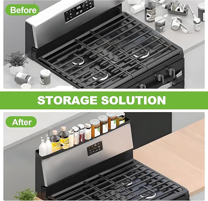 30 Inch Magnetic Stove Top Shelf | 3-Zone Kitchen Organizer with Anti-Slip & Anti-Fall Design | Heat Resistant (-40°F to 446°F) Food-Grade Silicone Spice Rack for Flat-Top Stoves, Black