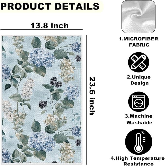 3 Pcs Blue Hydrangea Kitchen Towels, Watercolor Decorative Absorbent Microfiber Dish Cloth Tea Towel, Rustic Waffle Soft Hand Towels for Farmhouse Home Bathroom, Housewarming Gifts