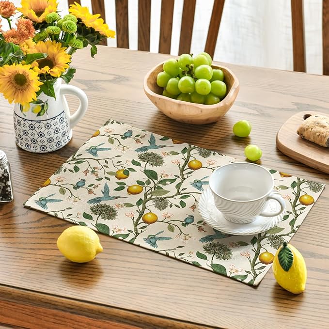 Artoid Mode Brown Lemon Tree Bird Flower Summer Placemats Set of 4,12x18 Inch Seasonal Spring Table Mats for Party Kitchen Dining Decoration