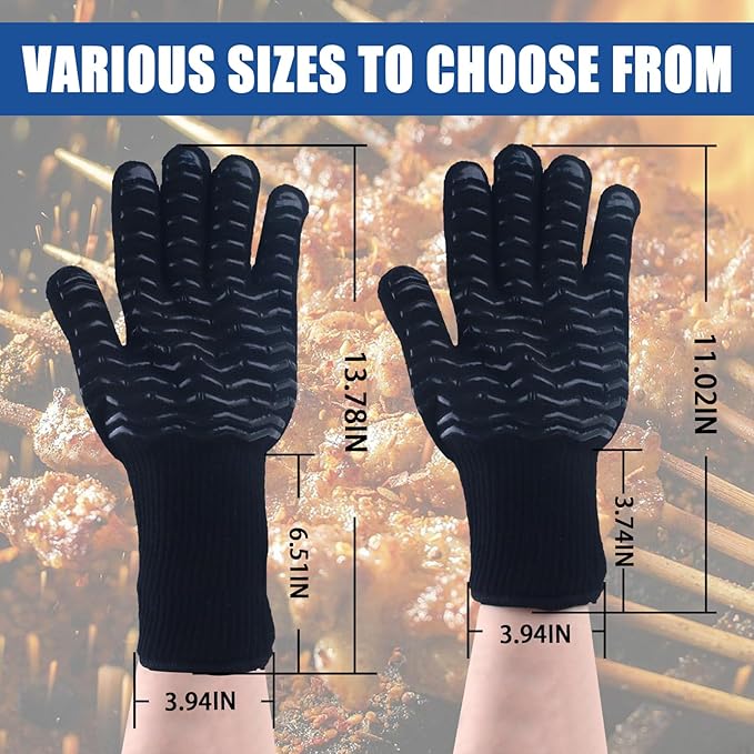 Grill Gloves, BBQ Gloves 1472°F Heat Resistant Fireproof Gloves, Kitchen Non-Slip Silicone Oven Mitt, Safe Hot Protection Extra Long Gloves for Grilling Cooking Barbecue Outdoor Camping Smoker