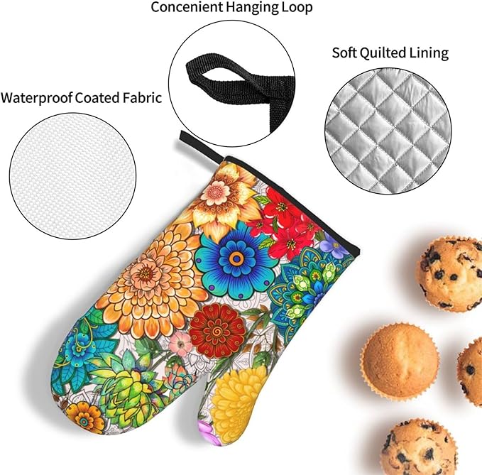 Boho Floral Pot Holders and Oven Mitts Set of 3, Colorful Flowers Baking Gloves Hot Pads, Heat Resistant Kitchen Mitts for Oven, Baking Gifts & Housewarming Gifts for Women Chef Baker Hostress Mom