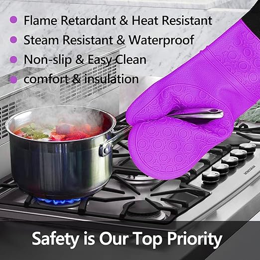 Silicone Oven Mitts and Pot Holders Sets, MTZRFLL Extra Long Heat Resistant Oven Gloves with Hot Pads and Mini Oven Mits Set for Kitchen Cooking Baking, Soft Quilted Lining, Pack of 6 (Purple)