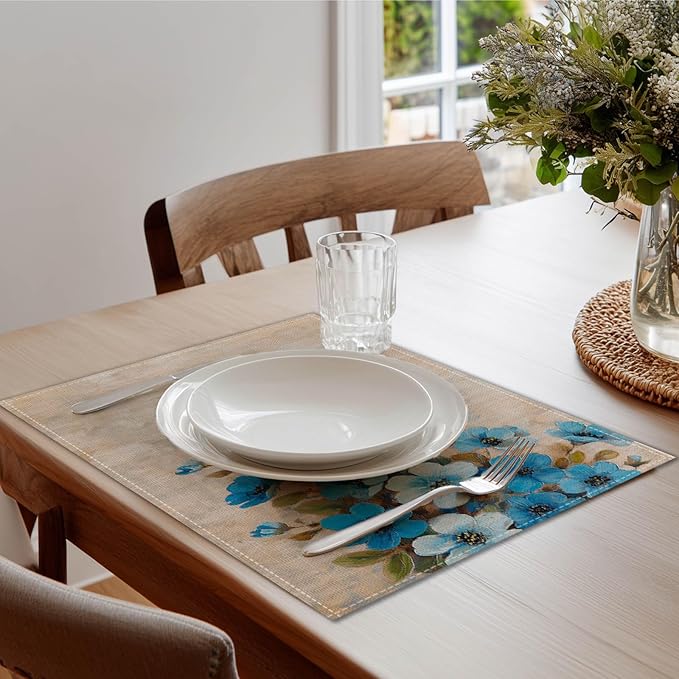 HOMETITUTE Placemats Set of 4 12x18 inch Spring Table Mats for Dining Table Painted Floral Linen Placemats Farmhouse Decorations Kitchen Decor Desk Mat for Outdoor Home Party Kitchen Seasonal Dining