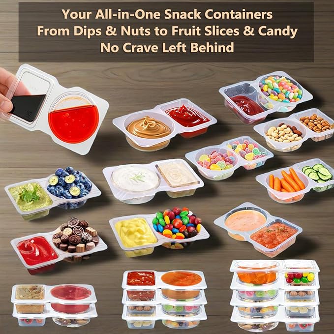40 Sets Reusable Snack Containers Bulk , Double Compartment Snackle Box Container with Lids - Leak-Proof BPA-Free Food Storage, Condiments Portion Control Dip Cups for Kids School Lunches, Meal Prep