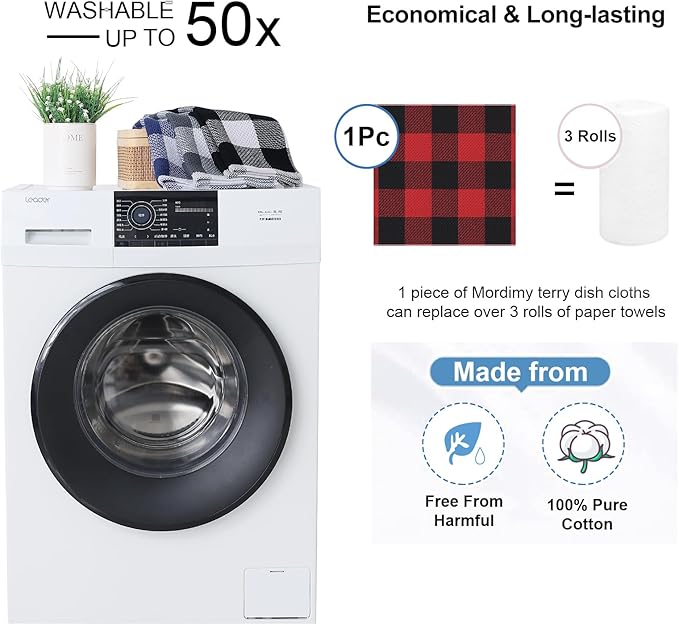 Mordimy 100% Cotton Waffle Weave Plaid Dish Cloths, 12 x 12 Inches, Super Soft and Absorbent Quick Drying Buffalo Check Dish Rags for Kitchen, 8-Pack, Black & Red